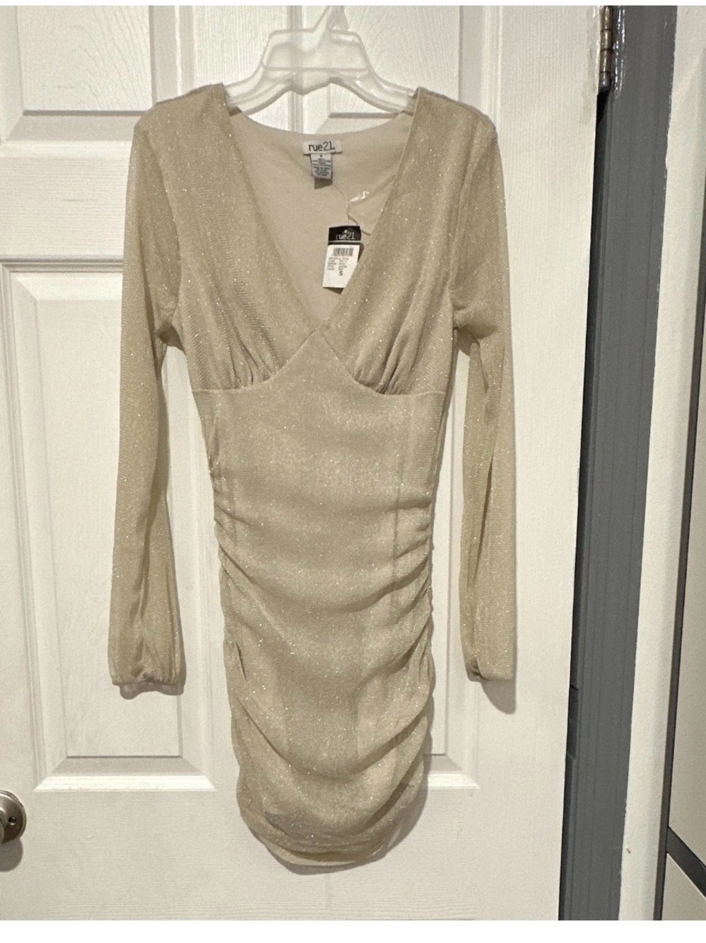 Rue21 Glitter Long Sleeve Ruched Bodycon Dress in Champagne Beige